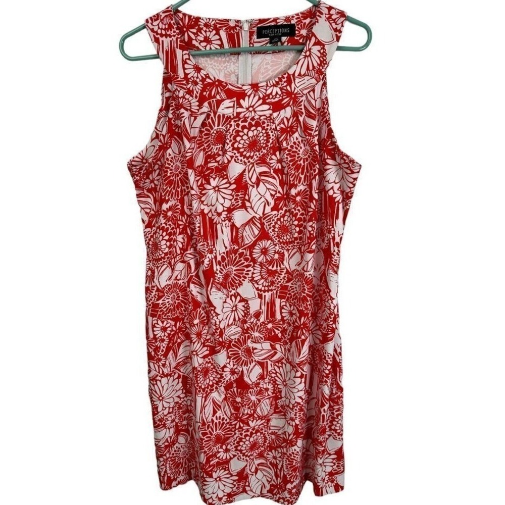 Perceptions New York Red White Floral Sleeveless Shift Dress Size 14